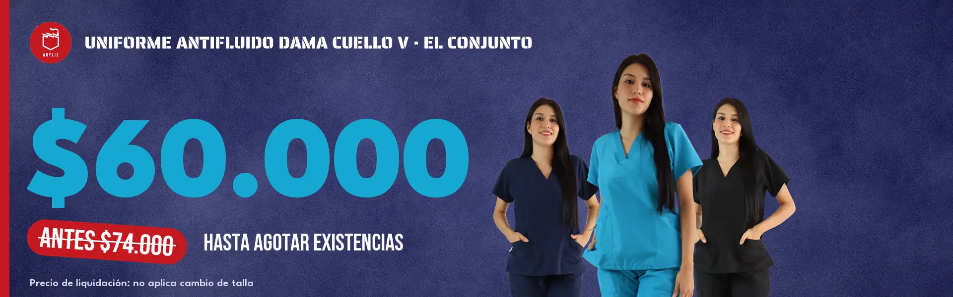 Tres mujeres con el uniforme antifluido dama cuello V en turquesa, azul oscuro y negro, con el precio $60.000 el conjunto, antes $74.000, hasta agotar existencias.